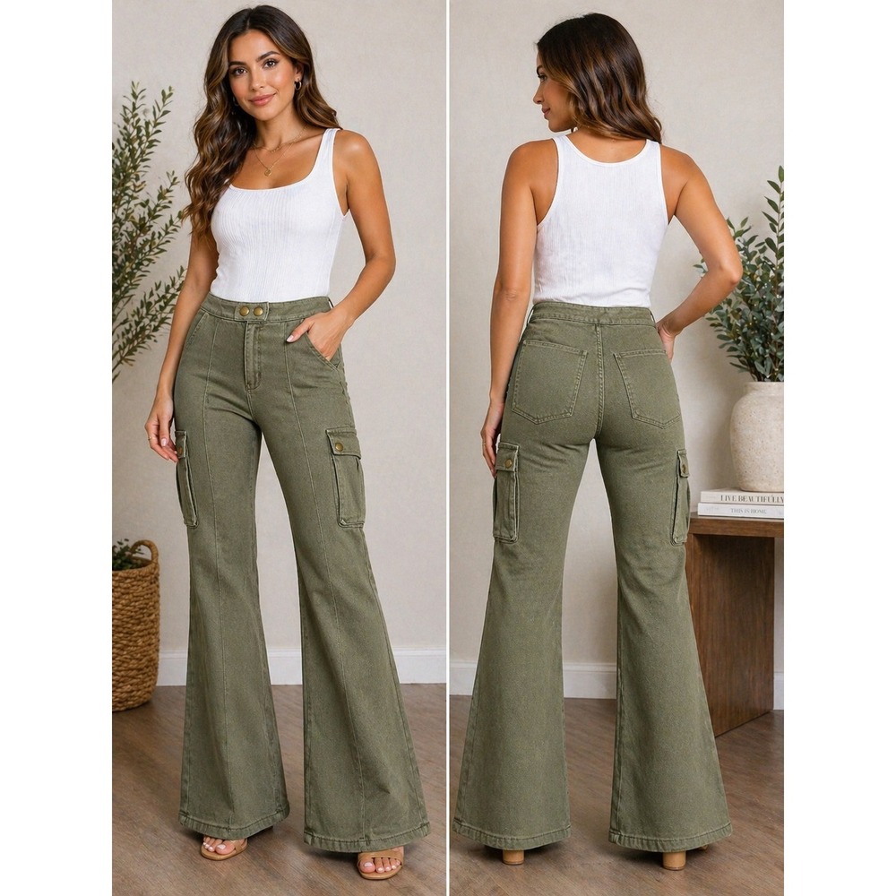 Edikted Cargo Pants Olive Green‎ Wide Leg Cotton Utility Y2K Size S